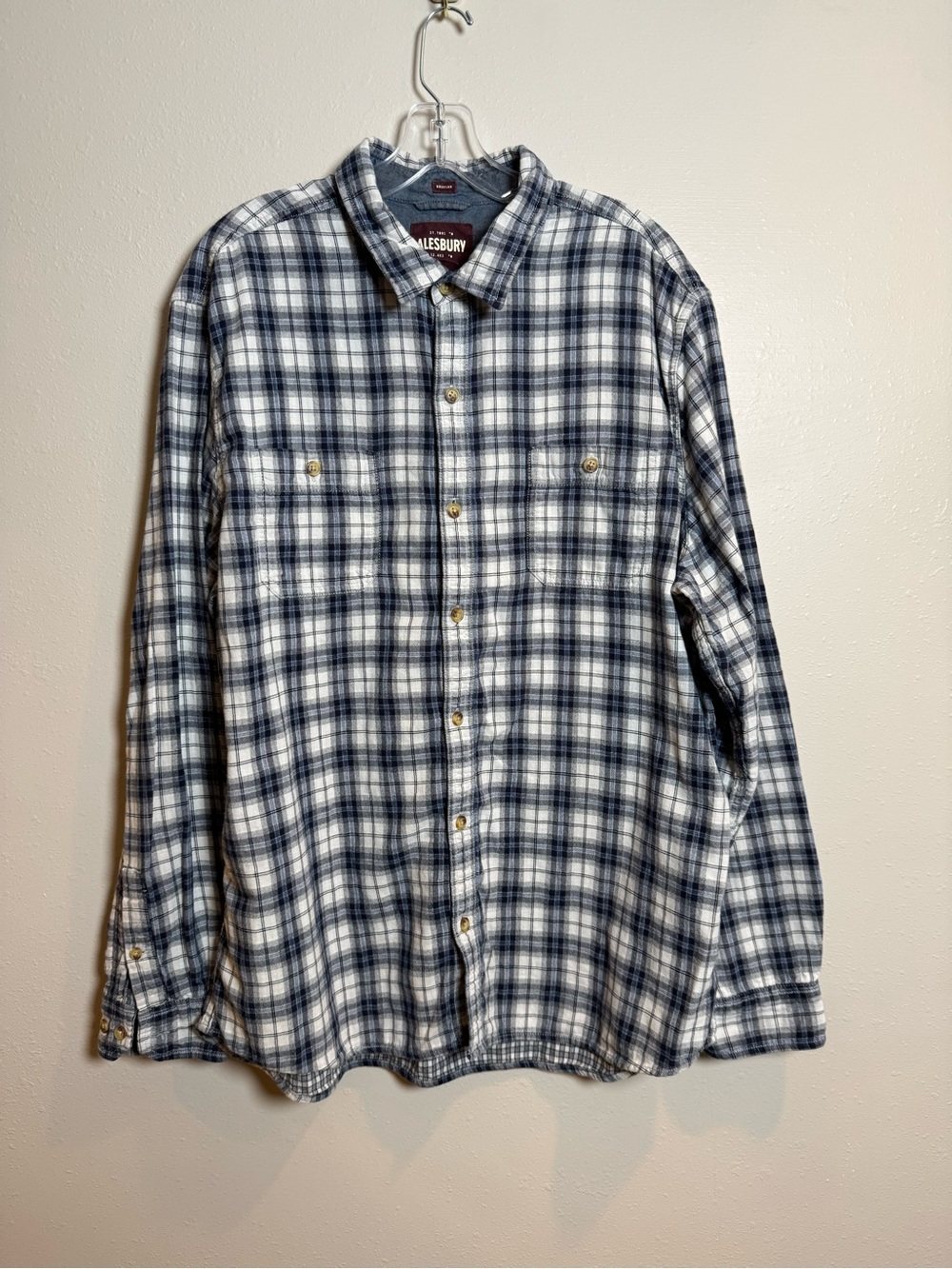 Alesbury Double Layer Men's Navy & White Plaid Button-Up Shirt 100% Cotton XLT